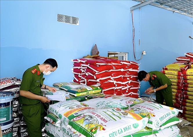 Cán bộ Phòng Cảnh sát kinh tế kiểm tra, phát hiện các sản phẩm không rõ nguồn gốc, xuất xứ. Ảnh: Hữu Đệ-TTXVN phát