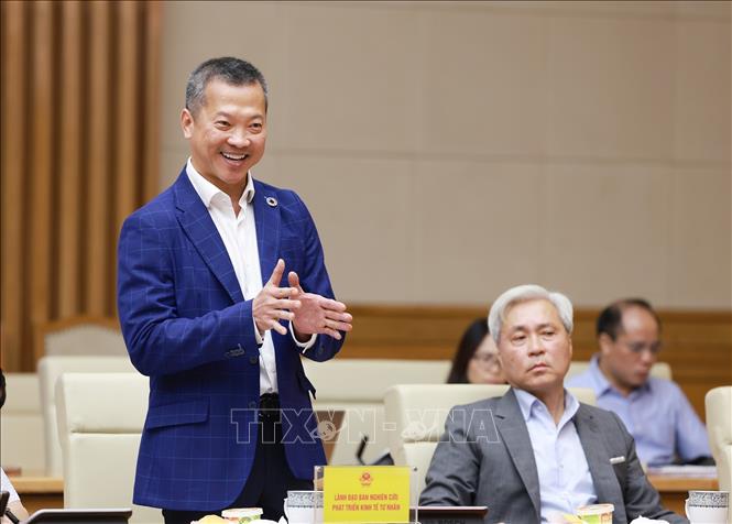 Ông Mai Hữu Tín, Chủ tịch Công ty cổ phần Tập đoàn Kỹ nghệ gỗ Trường Thành, thành viên Ban Nghiên cứu phát triển kinh tế tư nhân phát biểu. Ảnh: Dương Giang-TTXVN 