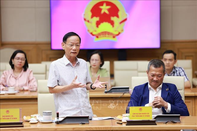 Ông Vũ Văn Tiền, Chủ tịch Hội đồng Quản trị Tập đoàn Geleximco, thành viên Ban Nghiên cứu phát triển kinh tế tư nhân phát biểu. Ảnh: Dương Giang-TTXVN 

