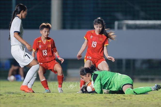 Tình huống áp sát khung thành của Thanh Hiếu (số 19, U20 Việt Nam). Ảnh: Minh Quyết - TTXVN