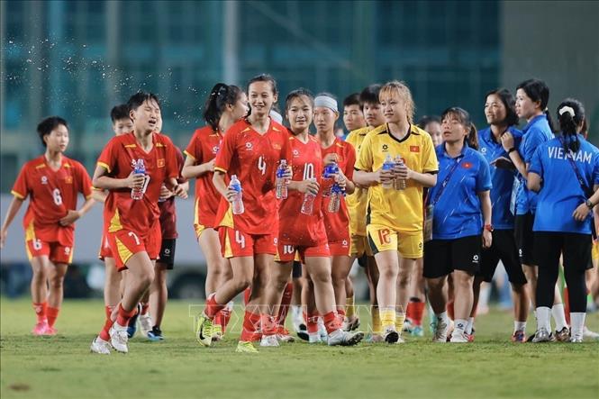 Kết thúc trận đấu, U20 giành chiến thắng với tỷ số 3-0, chính thức giành quyền vào chơi tại vòng chung kết U20 nữ châu Á 2026. Ảnh: Minh Quyết - TTXVN