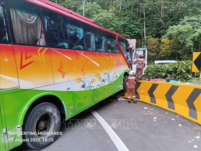 Hiện trường vụ tai nạn xe buýt chở khách du lịch Việt Nam tại Pahang, Malaysia. Ảnh: TTXVN phát