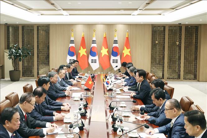 Tổng Bí thư Tô Lâm hội đàm với Tổng thống Hàn Quốc Lee Jae Myung. Ảnh: Thống Nhất - TTXVN