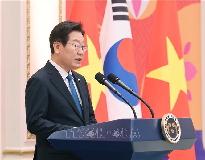 Tổng thống Hàn Quốc Lee Jae Myung phát biểu. Ảnh: Thống Nhất – TTXVN