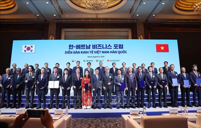 Tổng Bí thư Tô Lâm và Thủ tướng Hàn Quốc Kim Min Seok chứng kiến các đơn vị, doanh nghiệp trao thoả thuận hợp tác. Ảnh: Thống Nhất – TTXVN