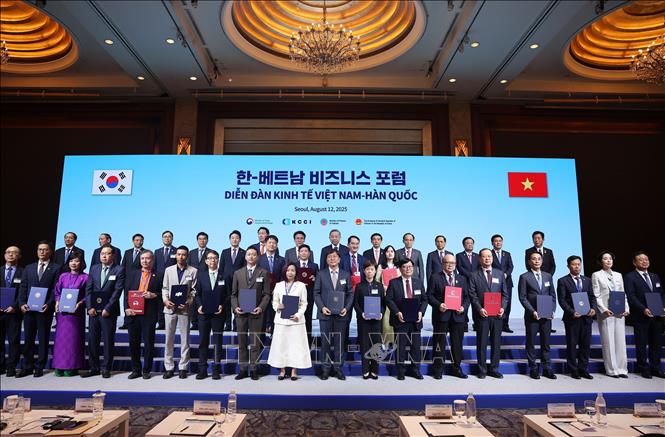 Tổng Bí thư Tô Lâm và Thủ tướng Hàn Quốc Kim Min Seok chứng kiến các đơn vị, doanh nghiệp trao thoả thuận hợp tác. Ảnh: Thống Nhất – TTXVN