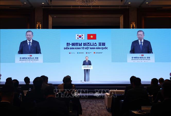 Tổng Bí thư Tô Lâm phát biểu tại Diễn đàn kinh tế Việt Nam – Hàn Quốc. Ảnh: Thống Nhất – TTXVN