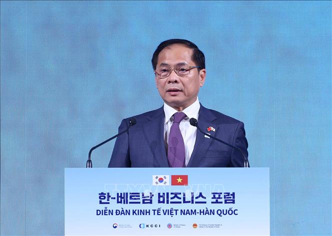 Phó Thủ tướng, Bộ trưởng Ngoại giao Bùi Thanh Sơn phát biểu tại Diễn đàn kinh tế Việt Nam – Hàn Quốc. Ảnh: Thống Nhất – TTXVN