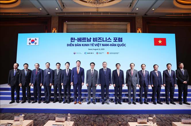 Tổng Bí thư Tô Lâm và Thủ tướng Hàn Quốc Kim Min Seok cùng các đại biểu dự Diễn đàn kinh tế Việt Nam – Hàn Quốc. Ảnh: Thống Nhất – TTXVN