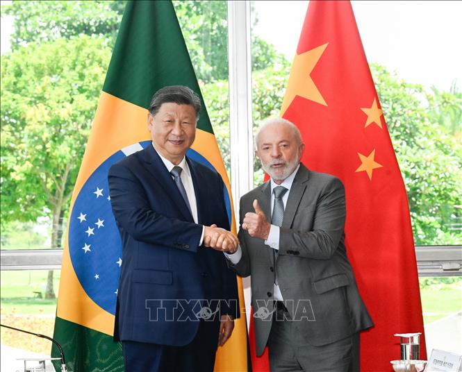 (Tư liệu) Chủ tịch Trung Quốc Tập Cận Bình (trái) và Tổng thống Brazil Luiz Inacio Lula da Silva tại cuộc gặp ở Brasilia ngày 20/11/2024. Ảnh: THX/TTXVN