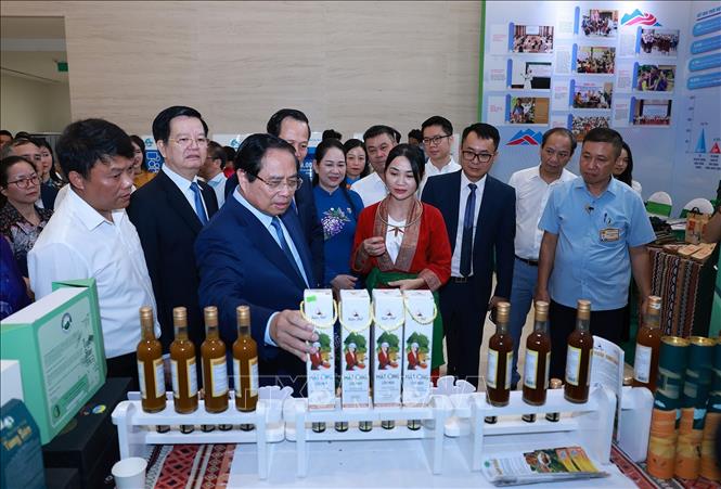 Thủ tướng Phạm Minh Chính tham quan trưng bày sản phẩm ocop vùng đồng bào dân tộc thiểu số. Ảnh: Dương Giang-TTXVN
