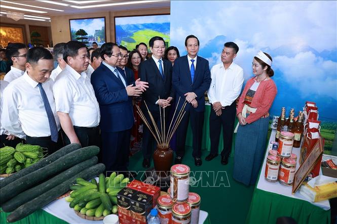 Thủ tướng Phạm Minh Chính tham quan trưng bày sản phẩm ocop vùng đồng bào dân tộc thiểu số. Ảnh: Dương Giang-TTXVN

