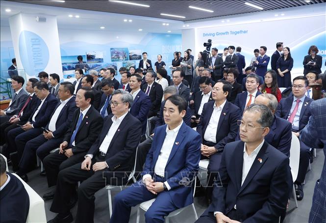 Các đại biểu đoàn Việt Nam tham dự buổi đến thăm, làm việc tại cảng tự động hoá DGT, Busan, Hàn Quốc. Ảnh: Thống Nhất – TTXVN 
