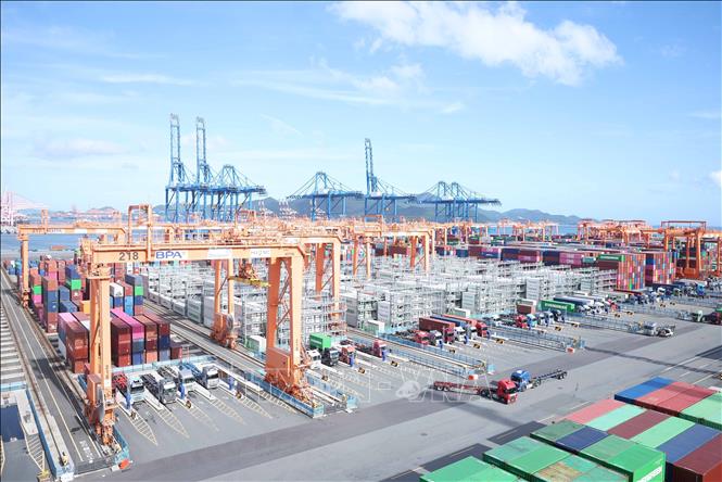 Cảng tự động hoá DGT (Dongwon Global Terminal Busan), một trong những bến container mới nhất tại cảng Busan - cảng biển lớn nhất ở Hàn Quốc. Ảnh: Thống Nhất – TTXVN 
