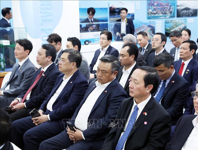 Các đại biểu tham dự buổi đến thăm, làm việc tại cảng tự động hoá DGT, Busan, Hàn Quốc. Ảnh: Thống Nhất – TTXVN 