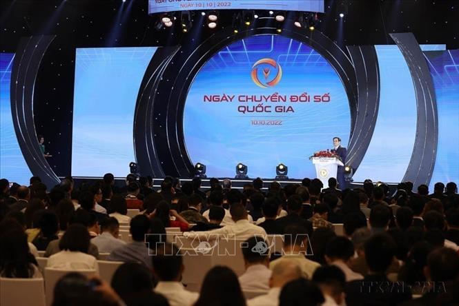 Thủ tướng Phạm Minh Chính, Chủ tịch Uỷ ban Quốc gia về chuyển đổi số phát biểu tại Ngày Chuyển đổi số quốc gia (Hà Nội, 10/10/2022). Ảnh: Dương Giang-TTXVN