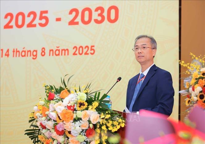 TS. Đặng Xuân Thanh, Uỷ viên Ban Thường vụ Đảng uỷ, Phó Chủ tịch Viện Hàn lâm Khoa học xã hội Việt Nam trình bày đề án nhân sự đại biểu Đảng bộ Viện tham dự Đại hội đại biểu Đảng bộ Chính phủ lần thứ nhất, sáng 14/8. Ảnh: Hoàng Hiếu - TTXVN
