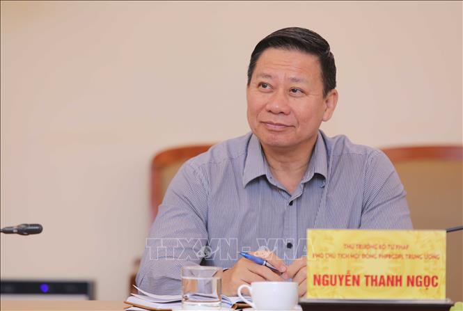 Ông Nguyễn Thanh Ngọc, Thứ trưởng Bộ Tư pháp, Phó Chủ tịch Hội đồng phối hợp phổ biến, giáo dục pháp luật trung ương tại buổi làm việc. Ảnh: Thành Phương - TTXVN