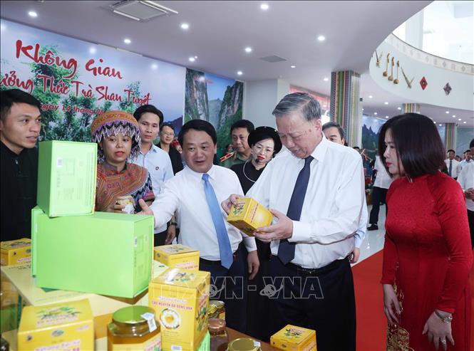 Tổng Bí thư Tô Lâm xem trưng bày sản phẩm tiêu biểu của tỉnh Tuyên Quang. Ảnh: Thống Nhất – TTXVN