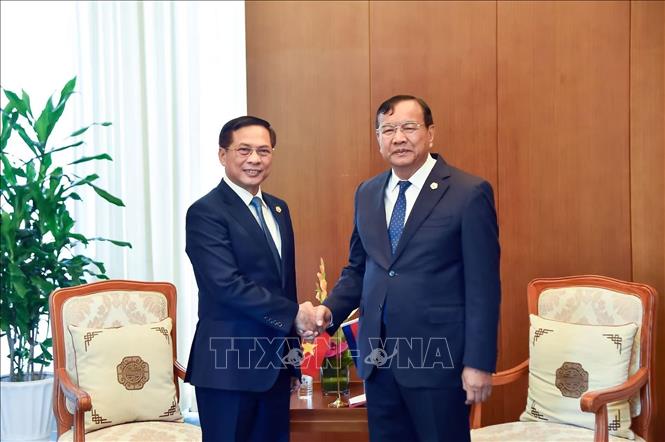 Phó Thủ tướng, Bộ trưởng Ngoại giao Bùi Thanh Sơn (trái) tiếp Phó Thủ tướng, Bộ trưởng Ngoại giao và Hợp tác quốc tế Campuchia Prak Sokhonn. Ảnh: TTXVN phát