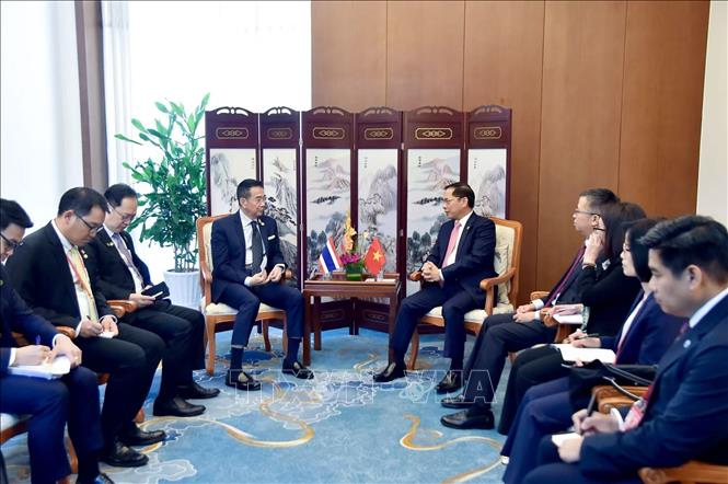 Phó Thủ tướng, Bộ trưởng Ngoại giao Bùi Thanh Sơn (phải) tiếp Bộ trưởng Ngoại giao Thái Lan Maris Sangiampongsa. Ảnh: TTXVN phát