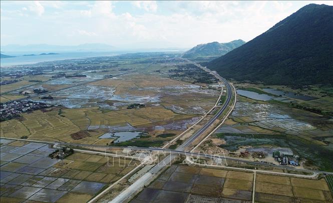 Cao tốc Vân Phong - Nha Trang đi qua cánh đồng lúa chín vàng trên tuyến. Ảnh: Quốc Khánh - TTXVN