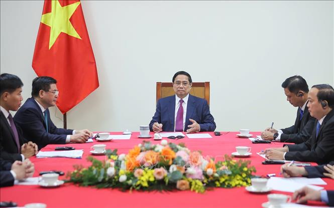 Thủ tướng Phạm Minh Chính điện đàm với Thủ tướng Campuchia Hun Manet. Ảnh: Dương Giang-TTXVN