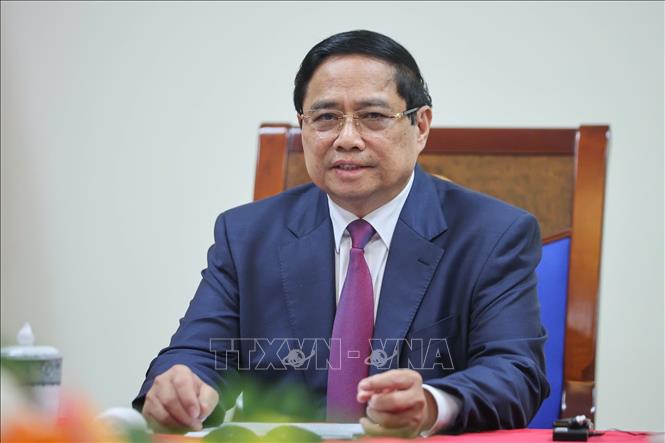 Thủ tướng Phạm Minh Chính điện đàm với Thủ tướng Campuchia Hun Manet. Ảnh: Dương Giang-TTXVN