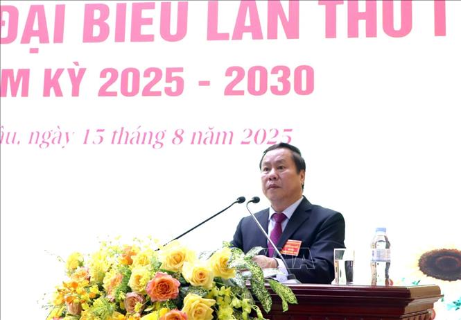 Phó Chủ tịch Thường trực UBND tỉnh Lai Châu, Phó Bí thư Thường trực Đảng ủy UBND tỉnh Tống Thanh Hải phát biểu tại Đại hội. Ảnh: Quý Trung – TTXVN