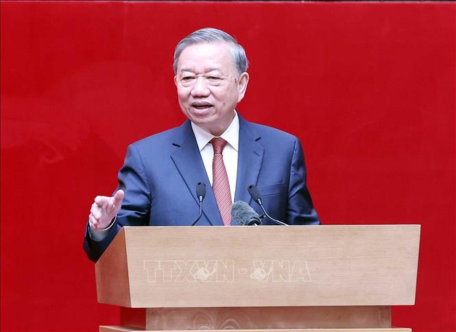 Tổng Bí thư Tô Lâm phát biểu tại. buổi gặp mặt cán bộ Công an cấp cao nghỉ hưu. Ảnh: Thống Nhất - TTXVN