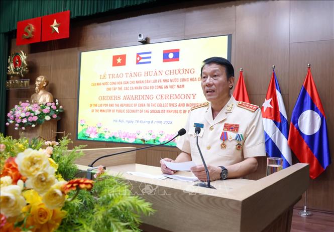 Đại tướng Lương Tam Quang, Ủy viên Bộ Chính trị, Bộ trưởng Bộ Công an Việt Nam phát biểu. Ảnh: Phạm Kiên - TTXVN