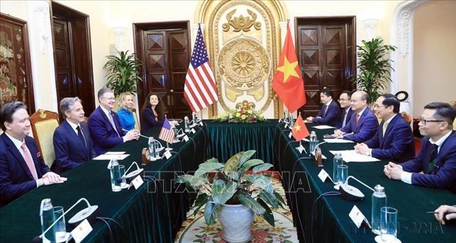  Bộ trưởng Ngoại giao Bùi Thanh Sơn hội đàm với Bộ trưởng Ngoại giao Hoa Kỳ Antony Blinken trong chuyến thăm Việt Nam từ ngày 14-16/4/2023. Ảnh: Lâm Khánh - TTXVN