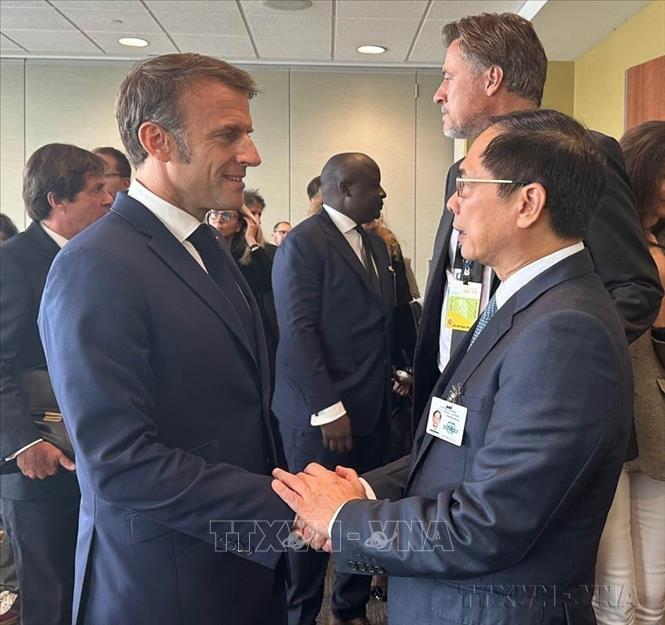 Phó Thủ tướng, Bộ trưởng Ngoại giao Bùi Thanh Sơn trao đổi với Tổng thống Pháp Emmanuel Macron tại buổi làm việc giữa các nhà lãnh đạo về Đồng thuận Paris vì con người và hành tinh (Đồng thuận 4P), ngày 25/09/2024. Ảnh: TTXVN phát