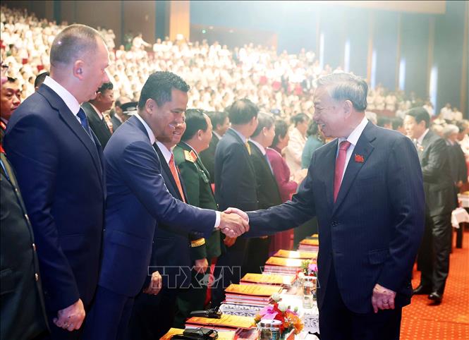 Tổng Bí thư Tô Lâm cùng các đại biểu quốc tế tham dự buổi lễ. Ảnh: Thống Nhất - TTXVN