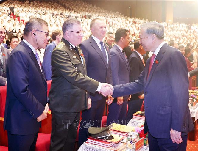 Tổng Bí thư Tô Lâm cùng các đại biểu quốc tế tham dự buổi lễ. Ảnh: Thống Nhất - TTXVN