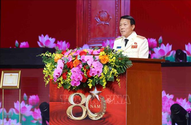 Đại tướng Lương Tam Quang, Ủy viên Bộ Chính trị, Bí thư Đảng ủy Công an Trung ương, Bộ trưởng Bộ Công an phát biểu. Ảnh: Phạm Kiên - TTXVN