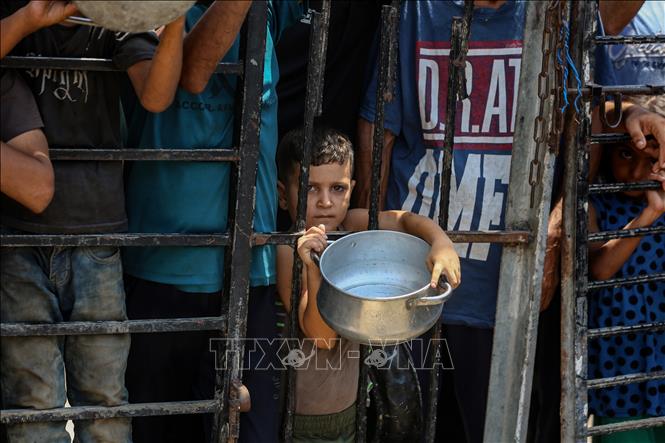Em nhỏ chờ được phát thực phẩm cứu trợ tại Gaza. Ảnh: THX/TTXVN