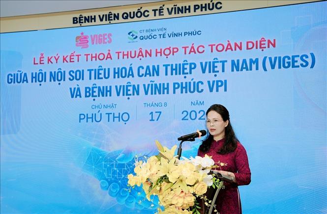  Bà Ma Thị Hiền, Chủ tịch Hội đồng quản trị, Tổng Giám đốc Bệnh viện Quốc tế Vĩnh Phúc phát biểu tại chương trình. Ảnh: Nguyễn Thảo - TTXVN
