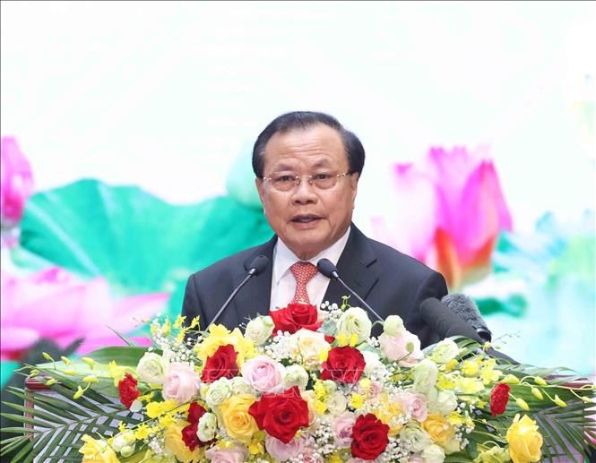 Đồng chí Phạm Quang Nghị, nguyên Uỷ viên Bộ Chính trị, nguyên Bí thư Thành uỷ Hà Nội phát biểu tại buổi gặp mặt. Ảnh: Phương Hoa - TTXVN