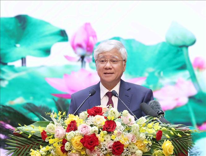 Đồng chí Đỗ Văn Chiến, Uỷ viên Bộ Chính trị, Bí thư Trung ương Đảng, Chủ tịch Uỷ ban Trung ương Mặt trận Tổ quốc Việt Nam phát biểu tại buổi gặp mặt. Ảnh: Phương Hoa – TTXVN