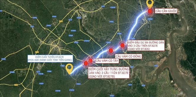 Phối cảnh tổng thể tuyến đường ĐT.827E kết nối Thành phố Hồ Chí Minh đi qua các xã Cần Giuộc, Cần Đước, Tân Trụ (tỉnh Tây Ninh) và Châu Thành (tỉnh Đồng Tháp). Ảnh: Đức Hạnh - TTXVN