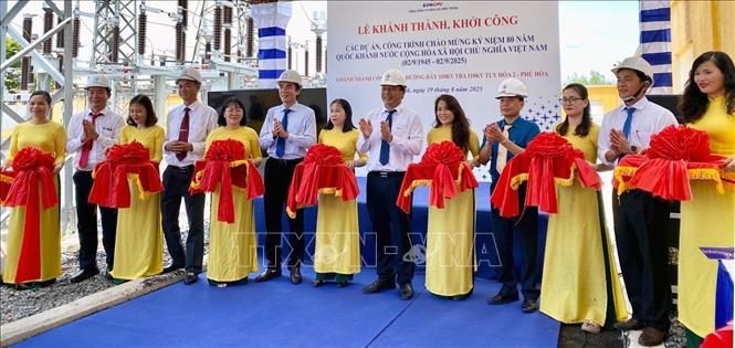 Các đại biểu thực hiện nghi thức khánh thành công trình đường dây 110kV Tuy Hòa 2 – Phú Hòa. Ảnh: TTXVN phát