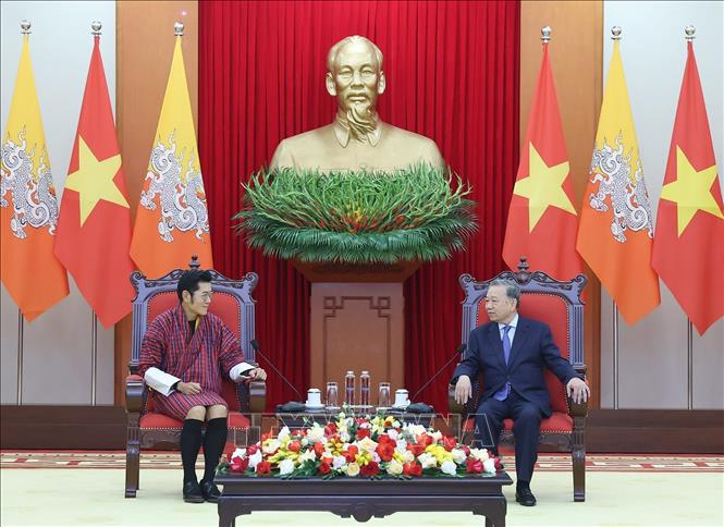 Tổng Bí thư Tô Lâm tiếp Quốc vương Bhutan Jigme Khesar Namgyel Wangchuck. Ảnh: Thống Nhất - TTXVN