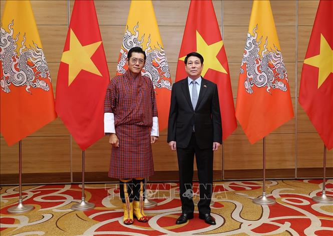 Chủ tịch nước Lương Cường và đón Quốc vương Bhutan Jigme Khesar Namgyel Wangchuck  dự tiệc chiêu đãi. Ảnh: Lâm Khánh – TTXVN