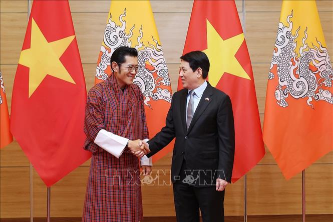 Chủ tịch nước Lương Cường đón Quốc vương Bhutan Jigme Khesar Namgyel Wangchuck dự tiệc chiêu đãi. Ảnh: Lâm Khánh – TTXVN