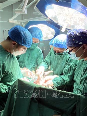 Các bác sĩ Bệnh viện Đa khoa Kiến Xương (Hưng Yên) phẫu thuật cứu sống bệnh nhân đa chấn thương nguy kịch do tai nạn giao thông. Ảnh: TTXVN phát