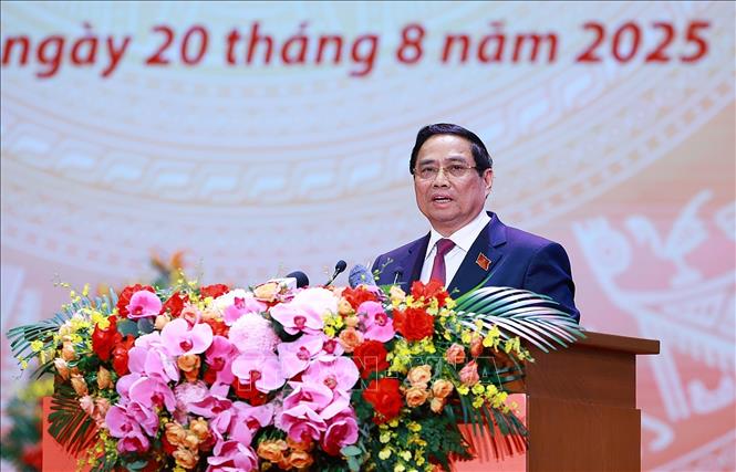 Thủ tướng Phạm Minh Chính đọc Diễn văn kỷ niệm 80 năm thành lập Chính phủ. Ảnh: Dương Giang-TTXVN

