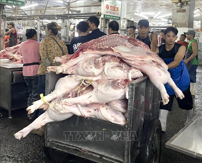 Thông tin về nguồn gốc xuất xứ thịt lợn vào chợ được tích hợp vào vòng truy xuất gắn trên sản phẩm. Ảnh: Hương Giang – TTXVN
