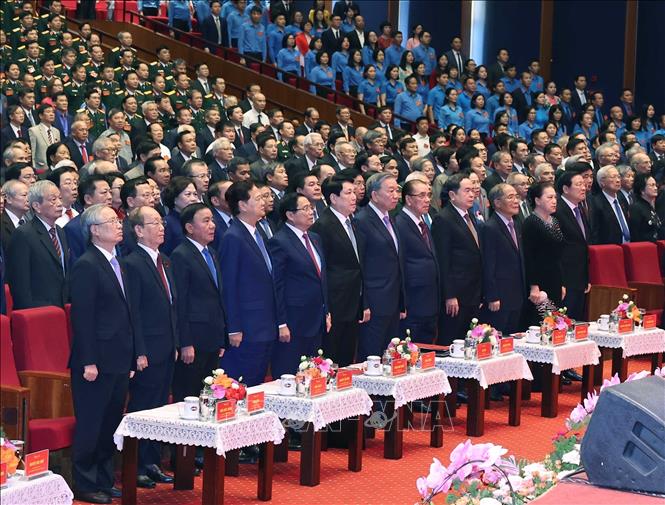 Tổng Bí thư Tô Lâm và các đồng chí lãnh đạo, nguyên lãnh đạo Đảng, Nhà nước cùng các đại biểu dự Lễ kỷ niệm 80 năm thành lập Chính phủ. Ảnh: Thống Nhất – TTXVN