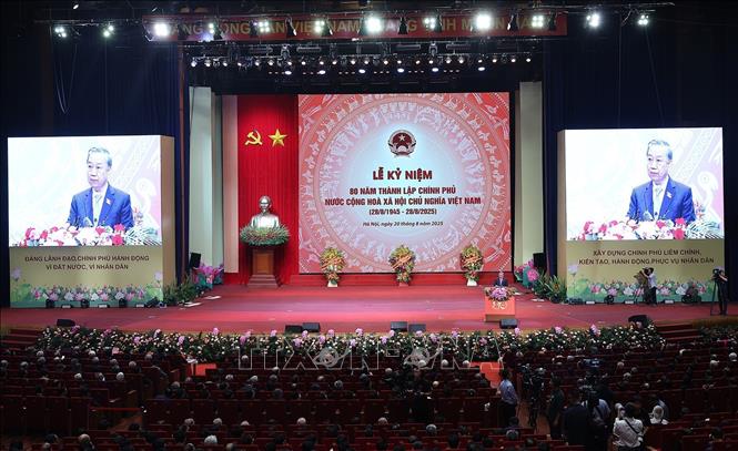 Tổng Bí thư Tô Lâm phát biểu tại Lễ kỷ niệm 80 năm thành lập Chính phủ. Ảnh: Thống Nhất-TTXVN